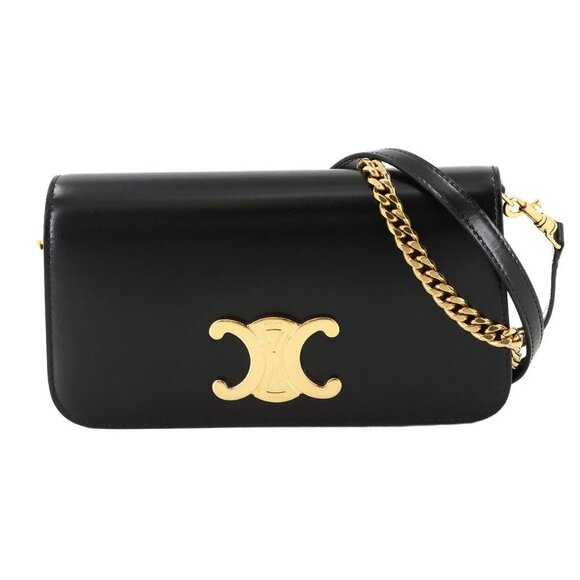 CELINE Triomphe Multi Pochette Chain Hand Shoulder Bag Leather Black - Picture 1 of 10